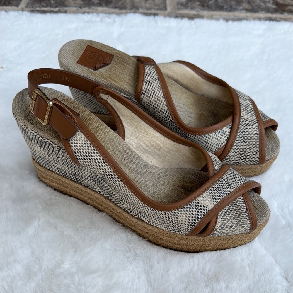 Tory Burch Brown and Cream Wedge Sandals